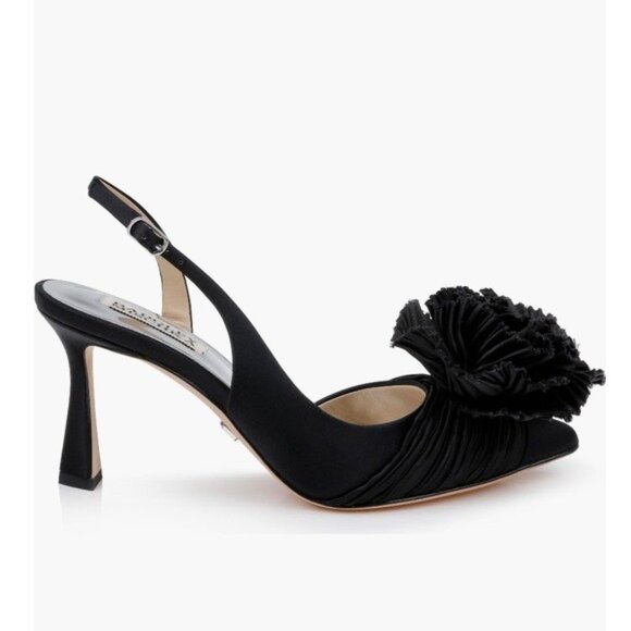 Badgley Mischka Blaire Pleated Satin Slingback Heels with Floral Detail Black 10 - Picture 2 of 11